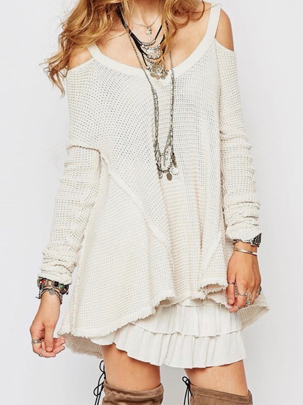 Elan Cream/Lt Brown Off-Shoulder Waffle Knit Tunic Sweater